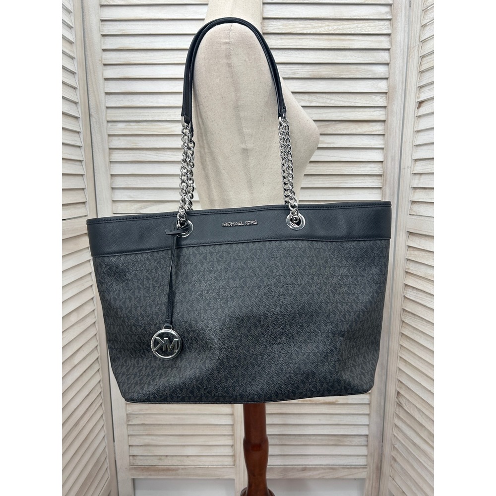 Michael Kors Tote Bag Large XL Black Monogram Laptop Work Bag Shoulder Leather